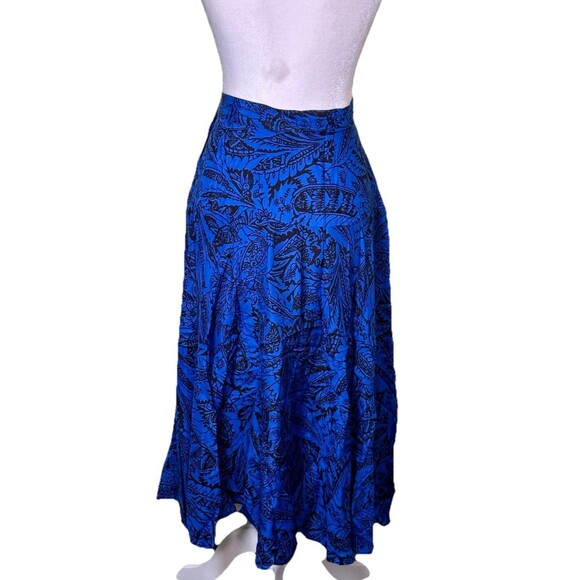 Women's Boho Artsy Blue Botanical Print Midi Skirt Flowy A-Line Tropical 13/14 - Picture 3 of 8